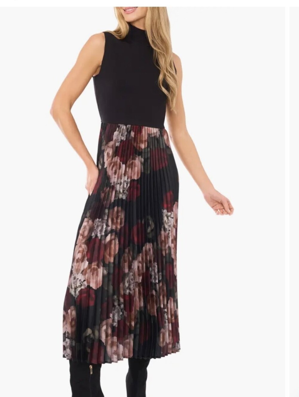 Elizabeth & Nicole  Black/Floral Mixed Sleeveless Midi Dress with Belt, size M